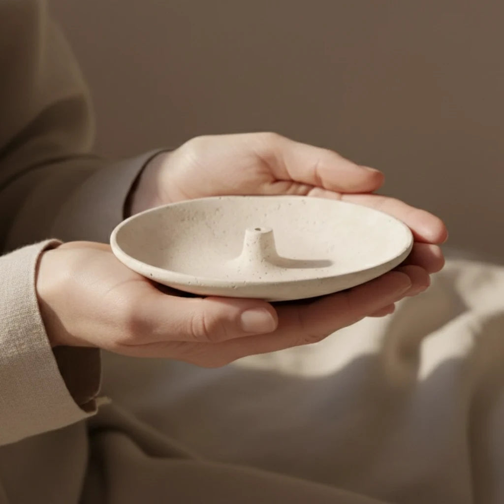 Hands holding the Travertine Incense Tray to show its handcrafted bowl shape and scale