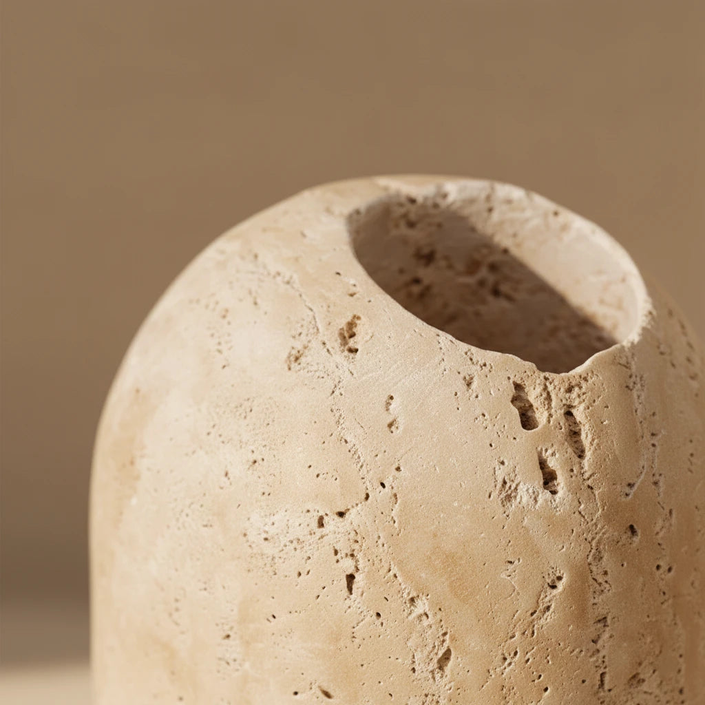 Close-up of Travertine Match Relic showing organic porous stone texture and raw finish