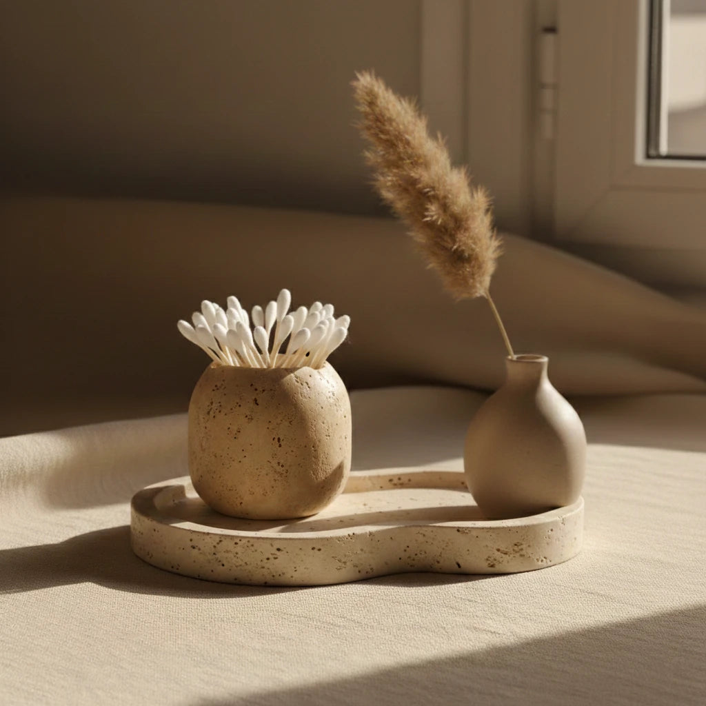 Travertine Match Relic stone holder with matches as a minimalist desk decor accessory
