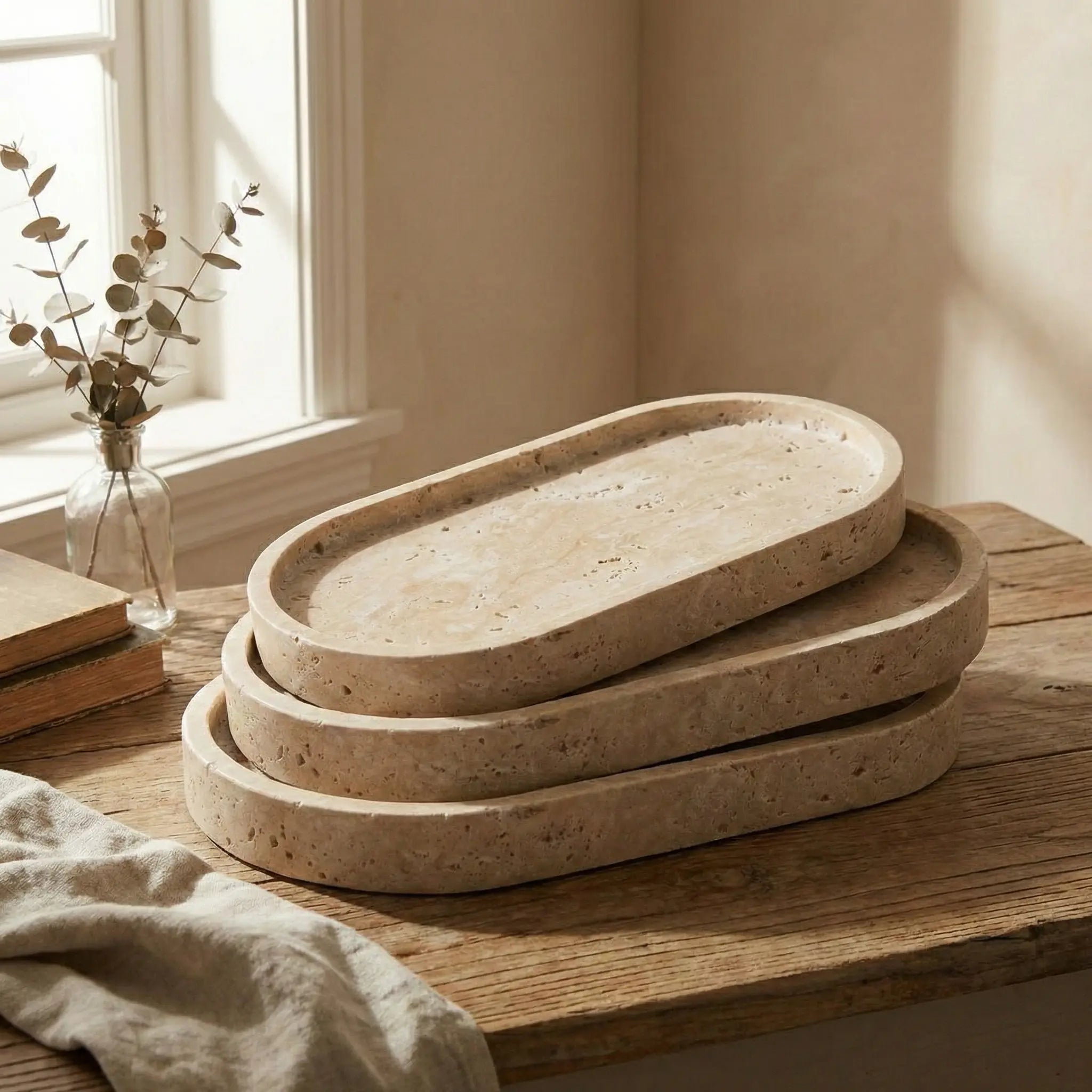 Travertine Oval Platter stacking detail showing versatile storage and display