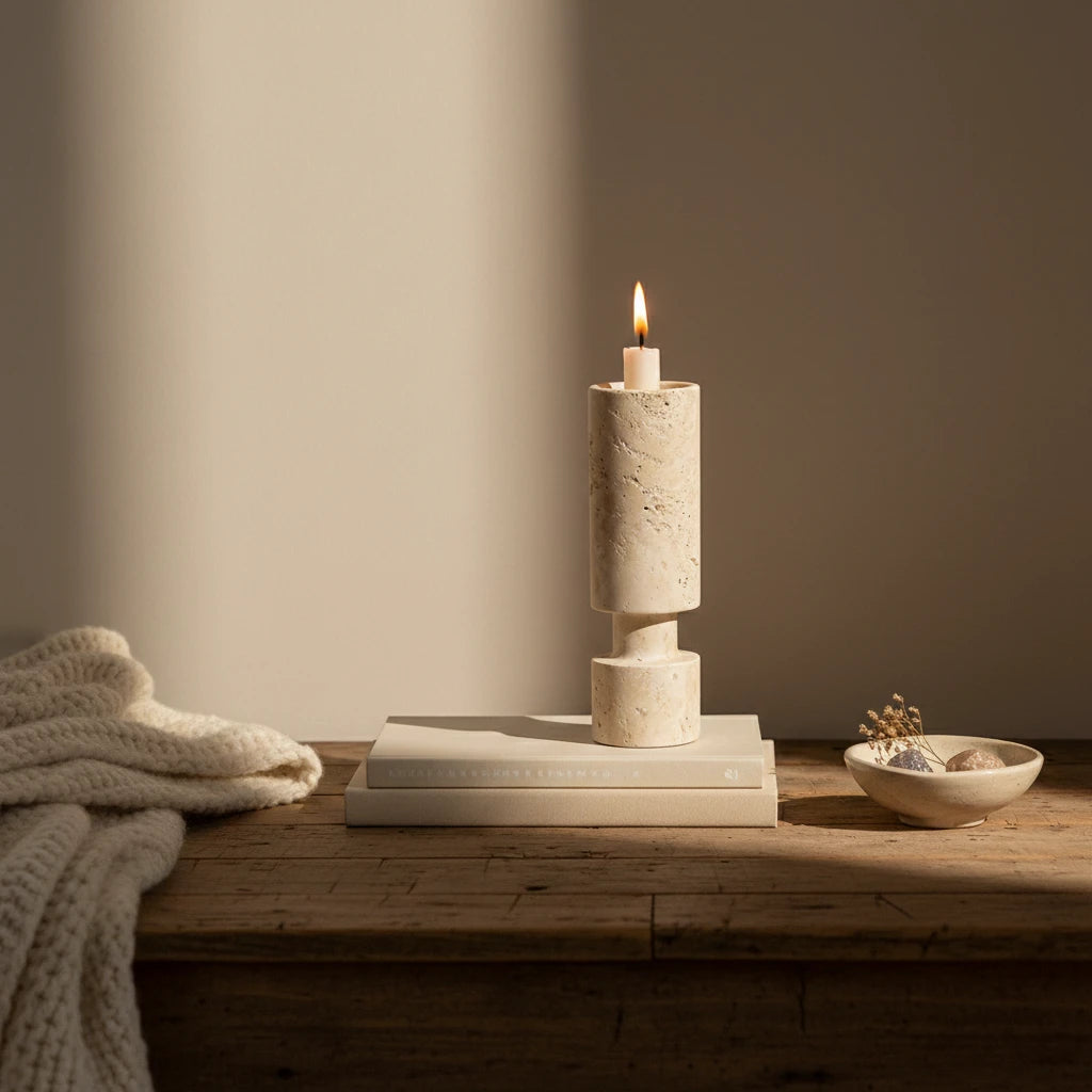 Travertine Pillar Holder with a burning candle on a rustic wooden table for home decor lifestyle