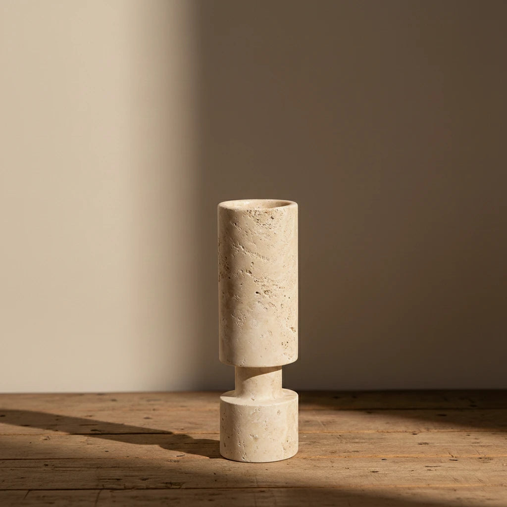 Travertine Pillar Holder 100% natural beige stone candle pedestal in a minimalist setting