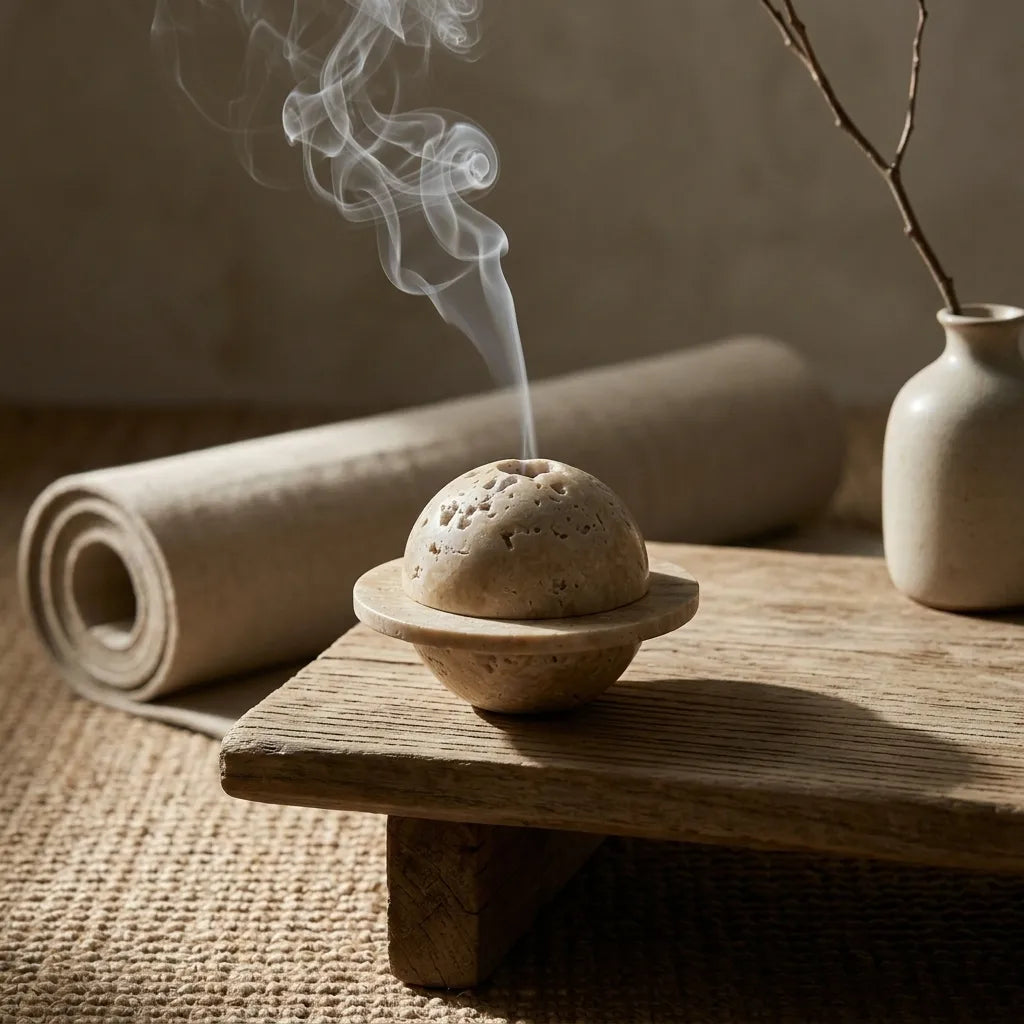 Travertine Relic Censer stone incense holder with smoke in a minimalist home setting