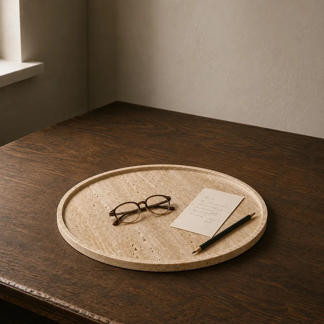 Large round travertine tray styled with eyeglasses, a handwritten note and pencil on a dark wood reading desk.