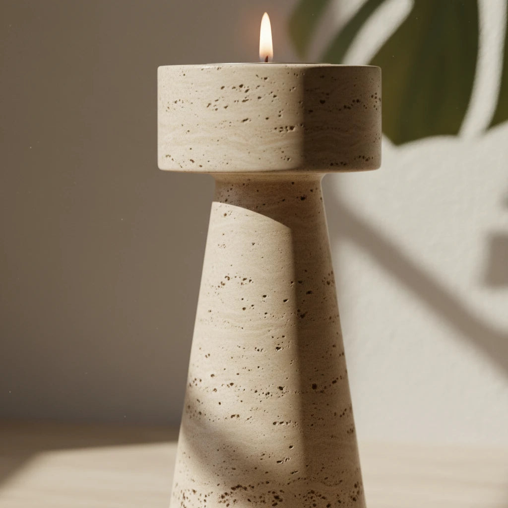 Travertine Totem Holder 100% natural beige stone sculptural candle pedestal