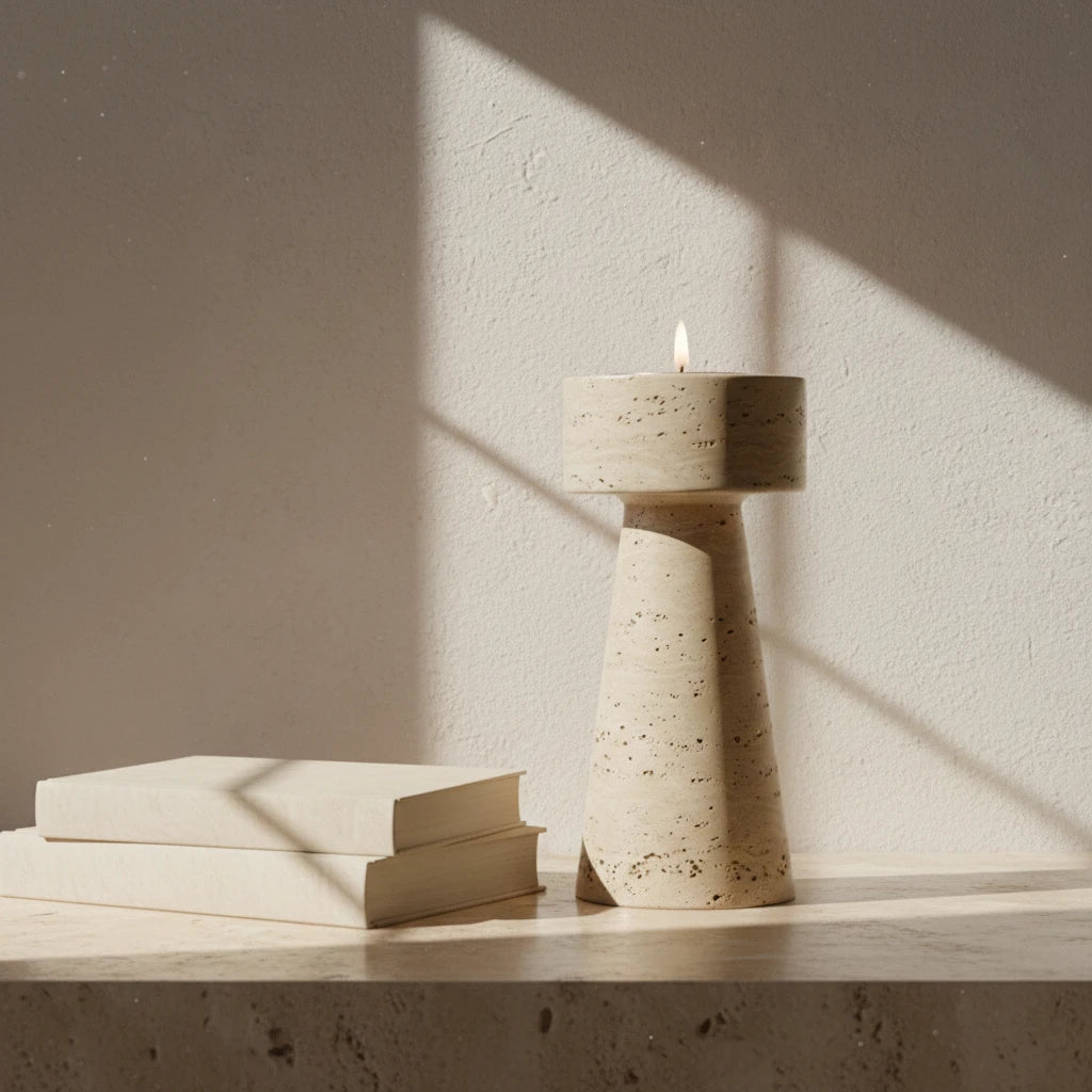 Travertine Totem Holder with a burning candle on a minimalist stone surface lifestyle