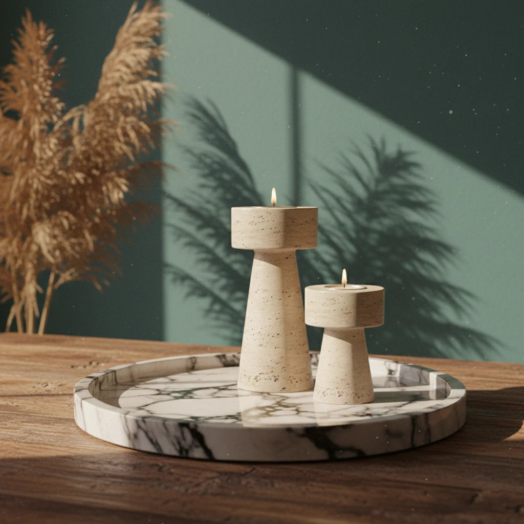 Travertine Totem Holder in a modern interior setting with artistic leaf shadows