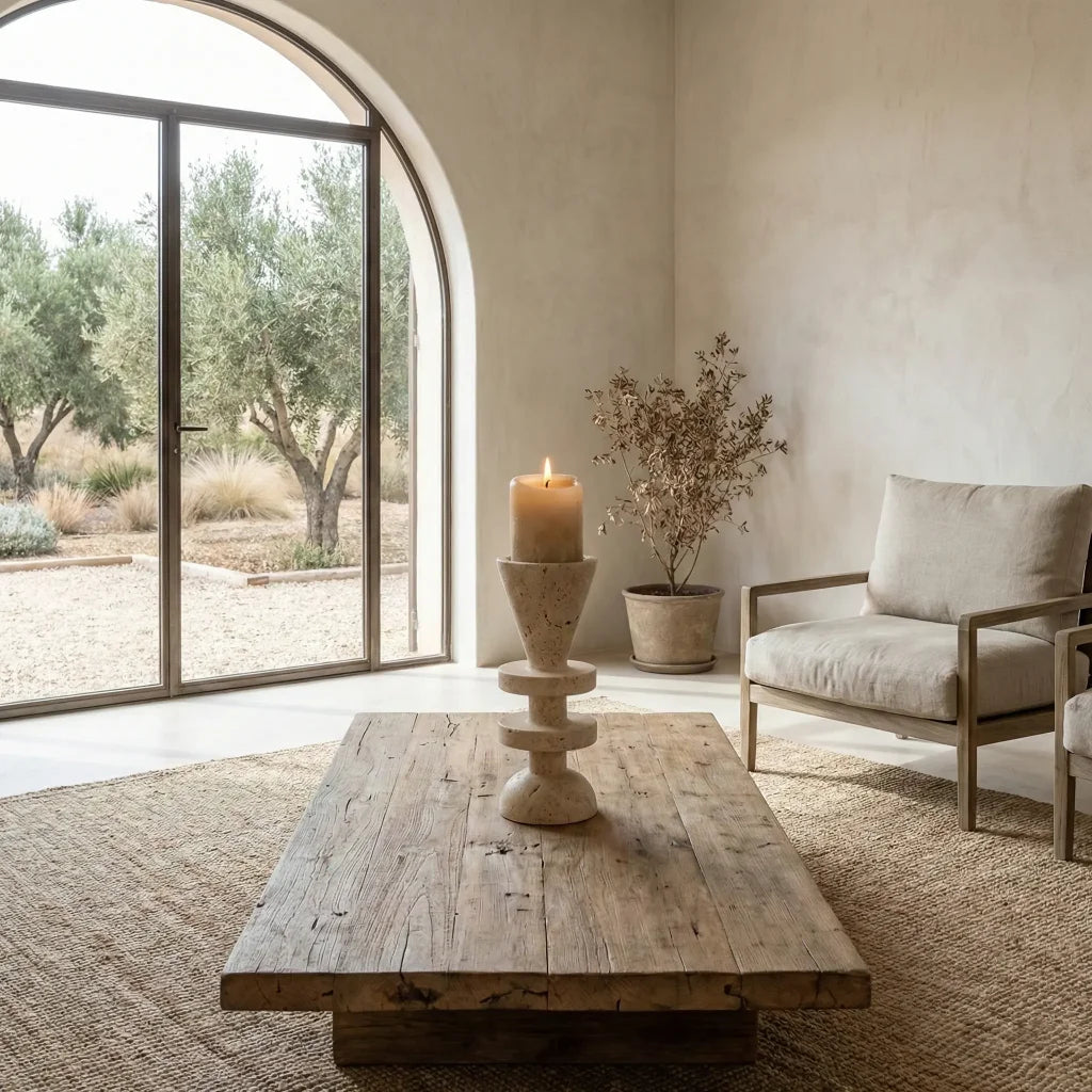 Travertine Tower Holder as a sculptural stone centerpiece on a rustic wooden coffee table