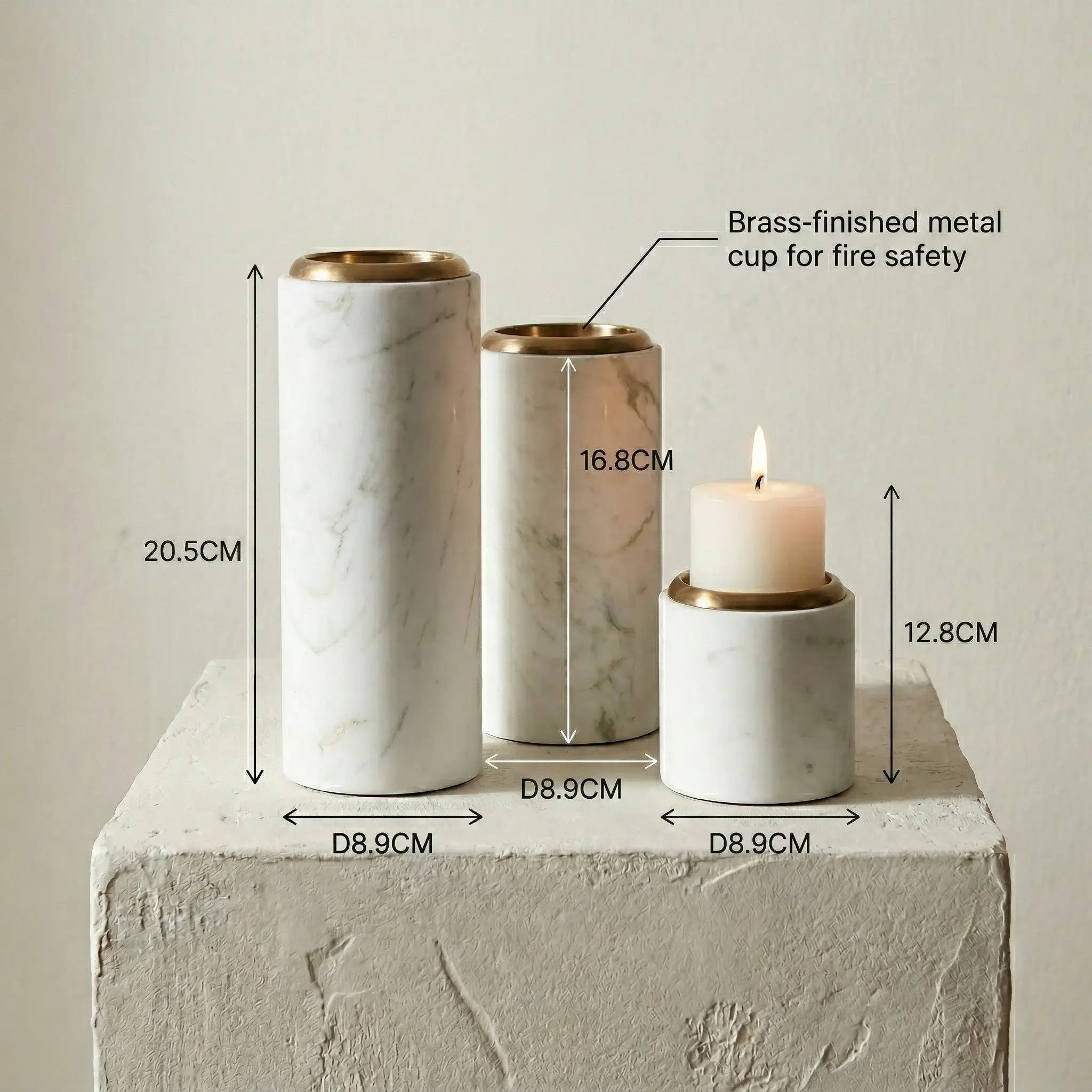 Trio Monolith Pillars white marble stone candle holder set with detailed dimensions