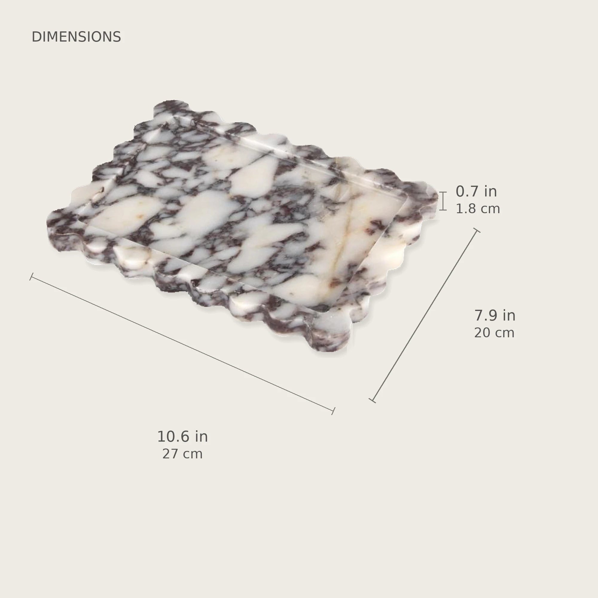 Rectangular scalloped marble tray dimensions: 27 by 20 by 1.8 centimetres