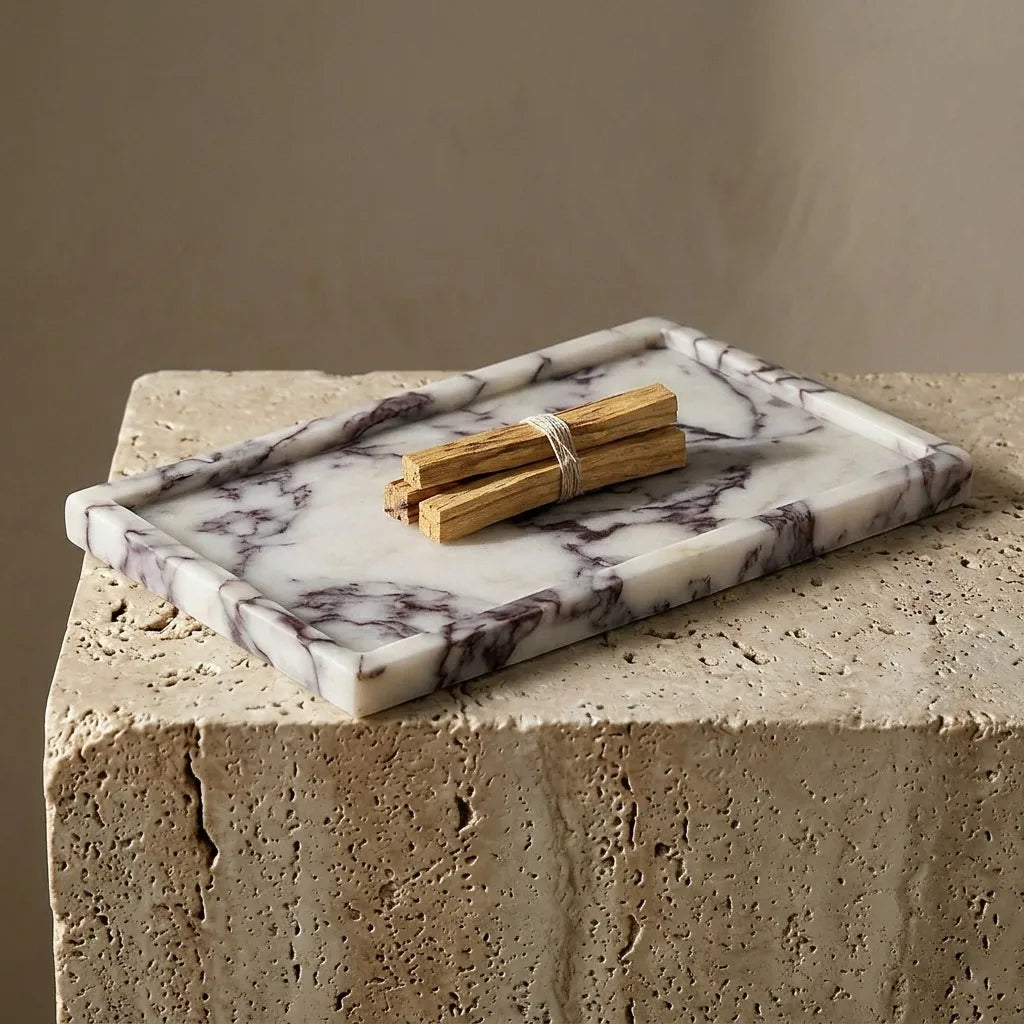 Top view of Viola Plateau Stage purple marble tray showing unique natural stone patterns