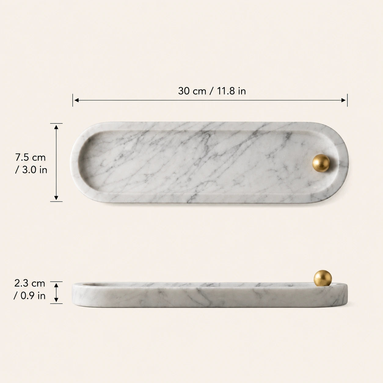 White marble incense tray dimensions showing elongated stone tray size and brass holder placement
