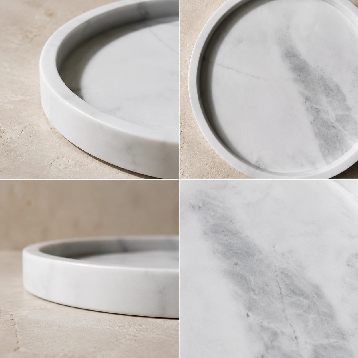 White marble round tray detail views – rim profile, interior, side edge and natural stone veining close-up