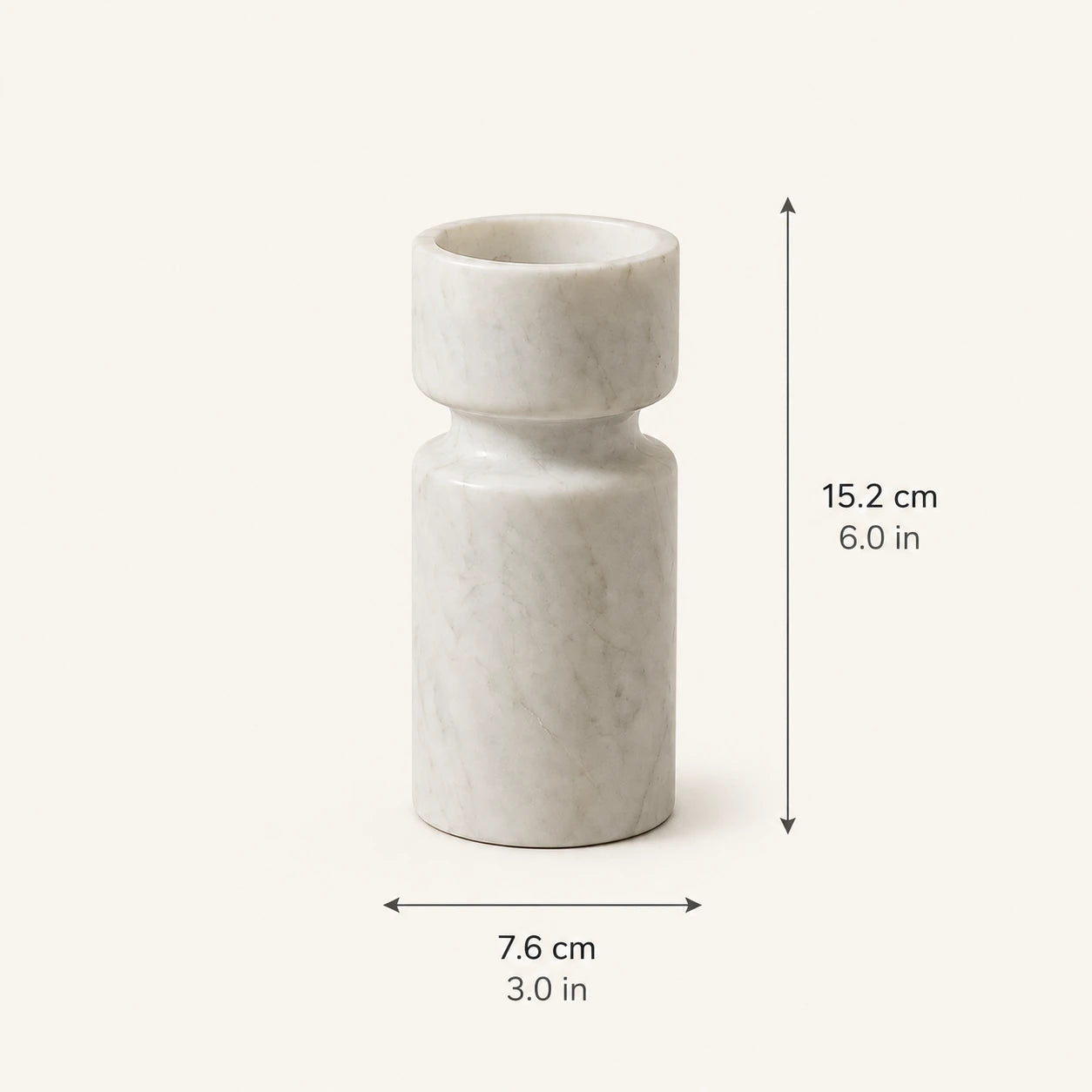 White marble sculptural candle holder dimensions, 7.6 cm diameter × 15.2 cm high